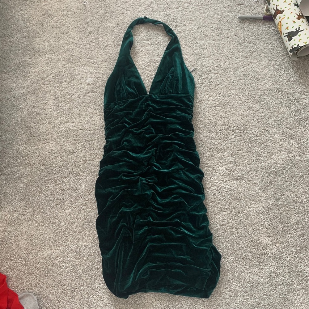 green velvet halter dress